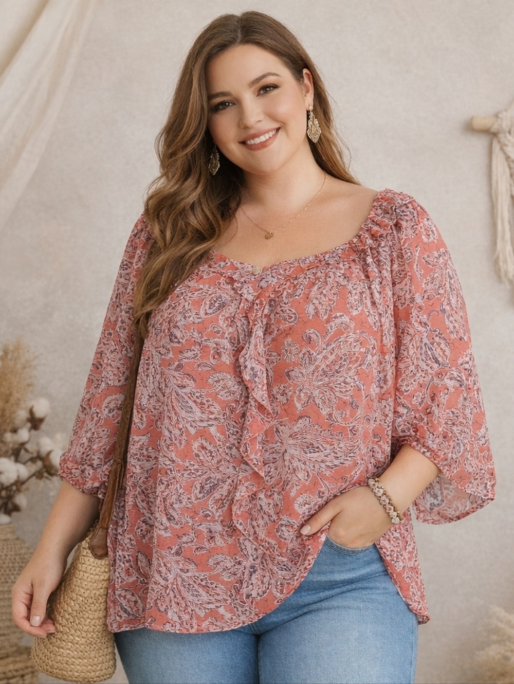 Cato coral paisley blouse womens 26/28W boho flowy peasant top